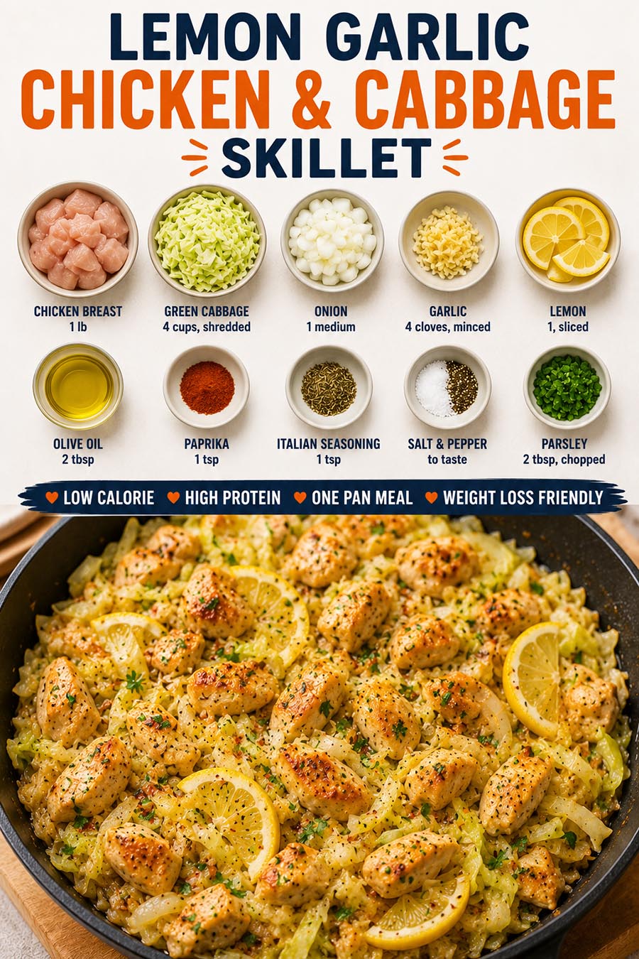 Lemon Garlic Chicken & Cabbage Skillet