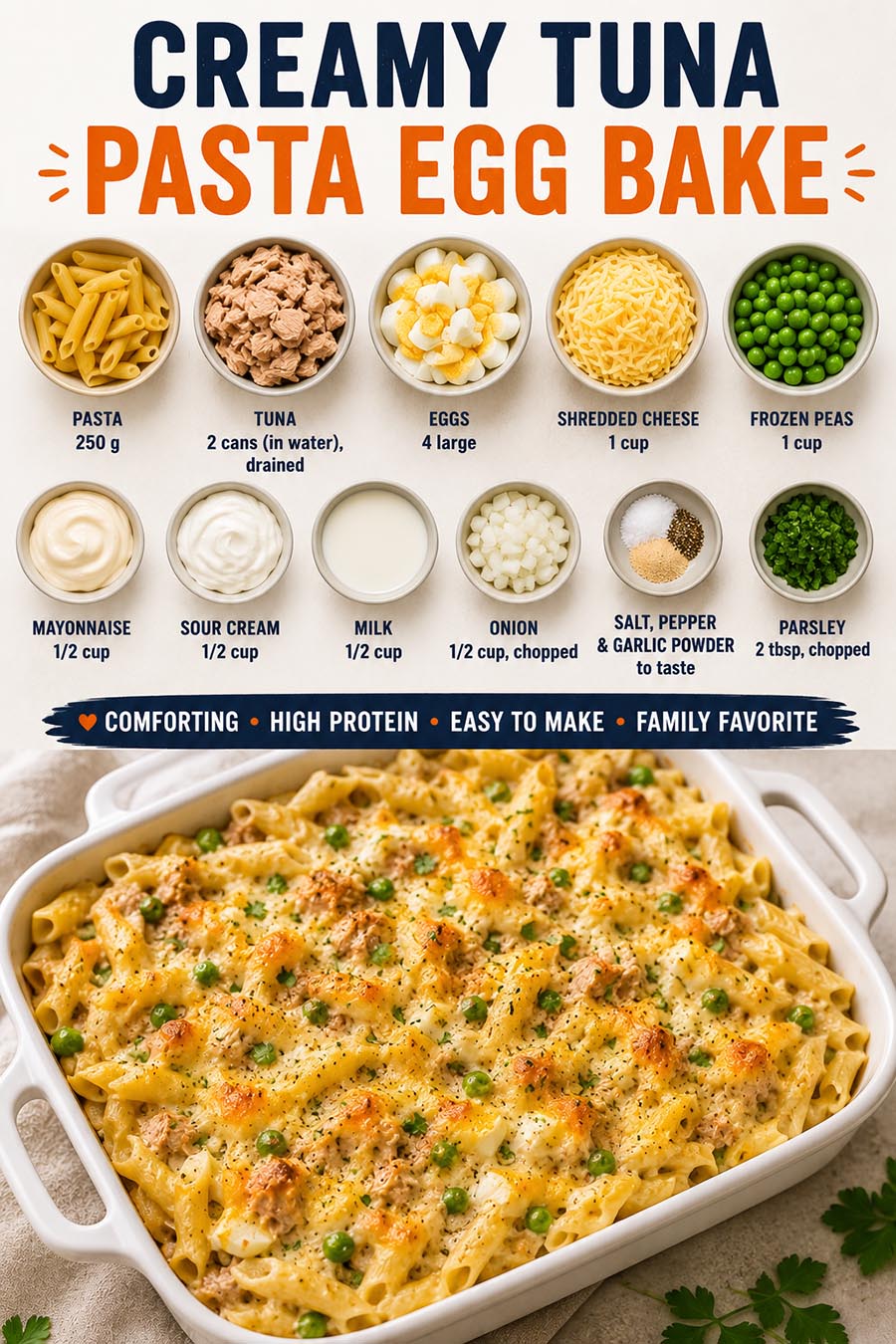 Creamy Tuna Egg Pasta Bake