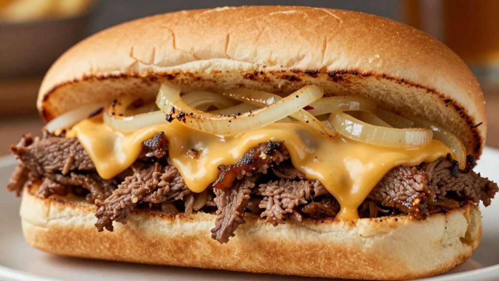 Arby's Angus Cheesesteak sandwich with melted cheese.