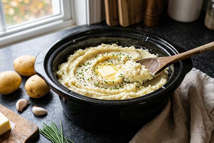Creamy crockpot mashed potatoes with butter
