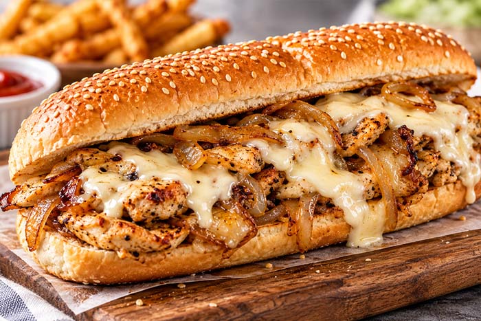 Homemade Arby's Chicken Cheesesteak with seasoned chicken, melted white American cheese and caramelized onions in a toasted sesame roll.