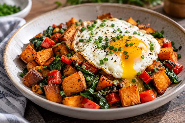 Low FODMAP Sweet Potato Breakfast Hash with Eggs